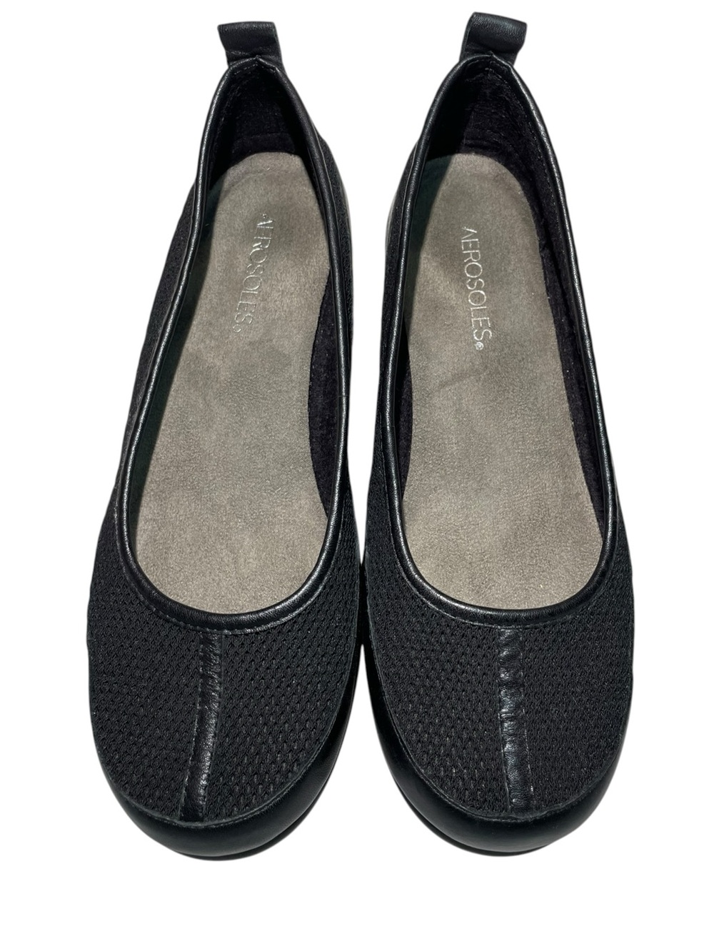 AEROSOLES Endurance Black Slip-On Knit Leather Wedge Ballet Flats Women Size 8.5